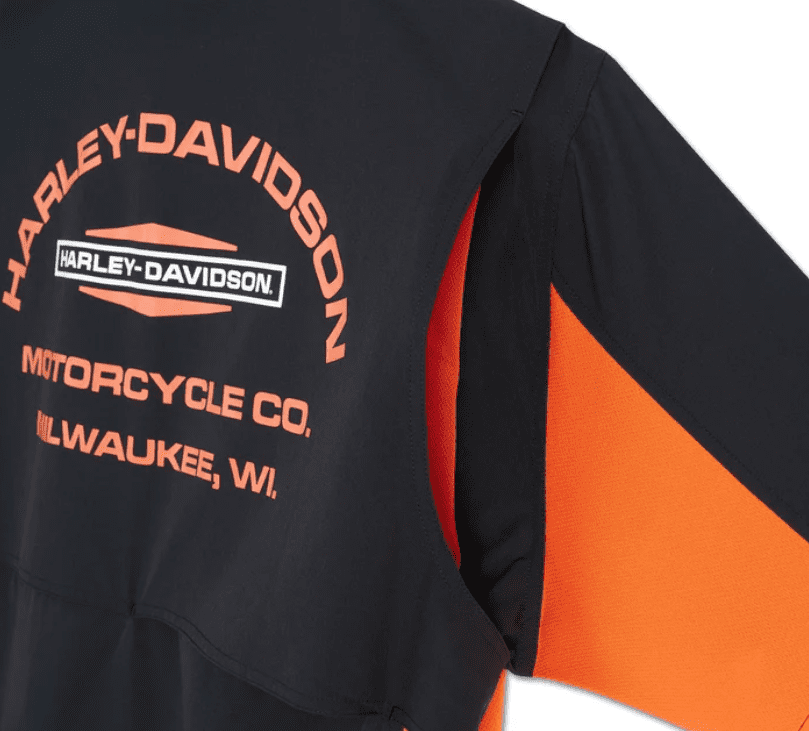 Camisa de manga curta masculina HD TECH Milwaukee - Colorblock - Harley Black e Harley Orange