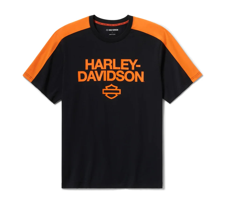 Harley-Davidson Tech Coolmax Tee Para Hombre - Colorblock Harley Black & Harley Orange